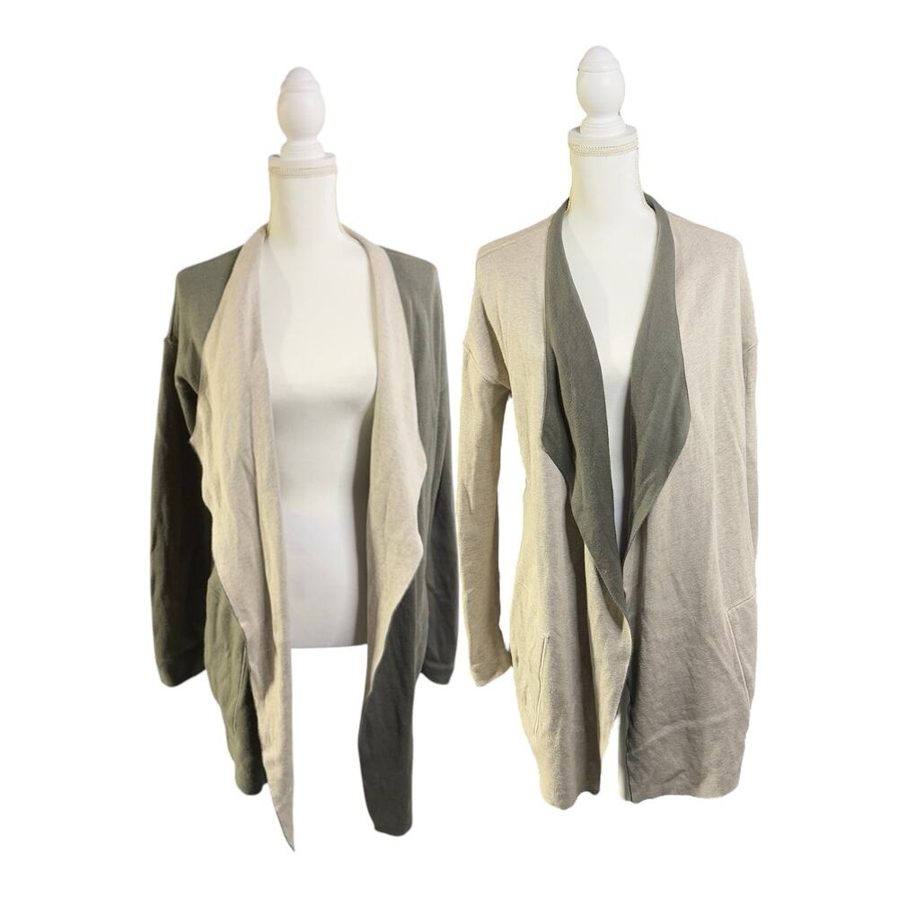 J Jill Womens S Reversible Double-Faced Cardigan Open Front Sweater Green Cream